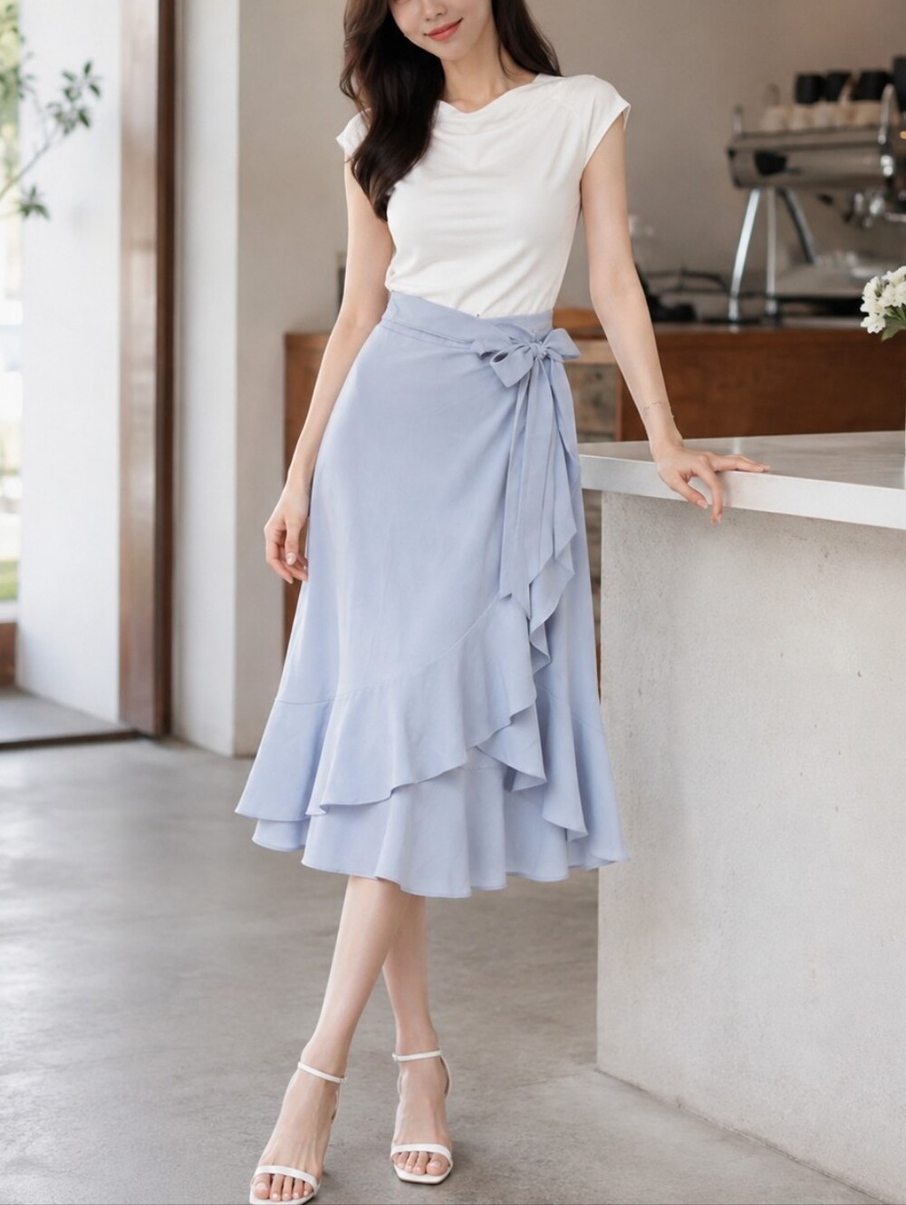 Soft Blue Wrap Midi Skirt with Side Tie